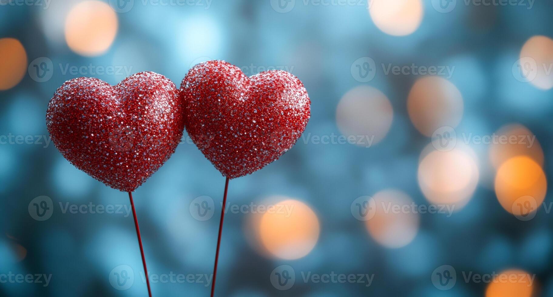 Two red hearts are on a blue background. The background is blurry and has a lot of light photo