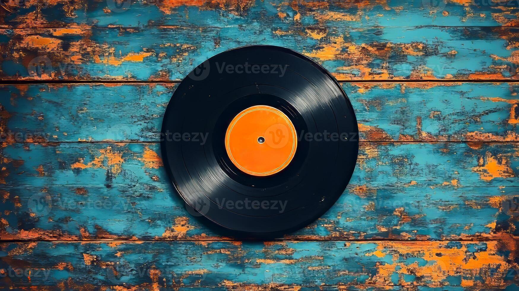 A black record sits on a wooden surface. The record is surrounded by a blue and orange background photo