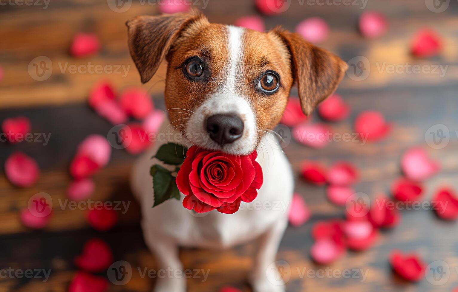 A dog is holding a rose in its mouth. The scene is romantic and heartwarming. The dog is the center of attention, and the rose adds a touch of elegance and love to the image photo