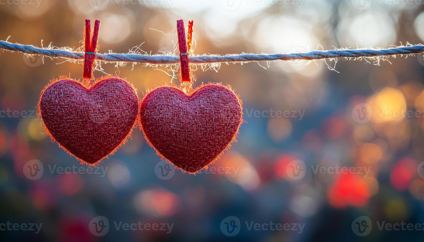 Two red hearts hanging on a line. The hearts are made of fabric and are hanging on a rope photo