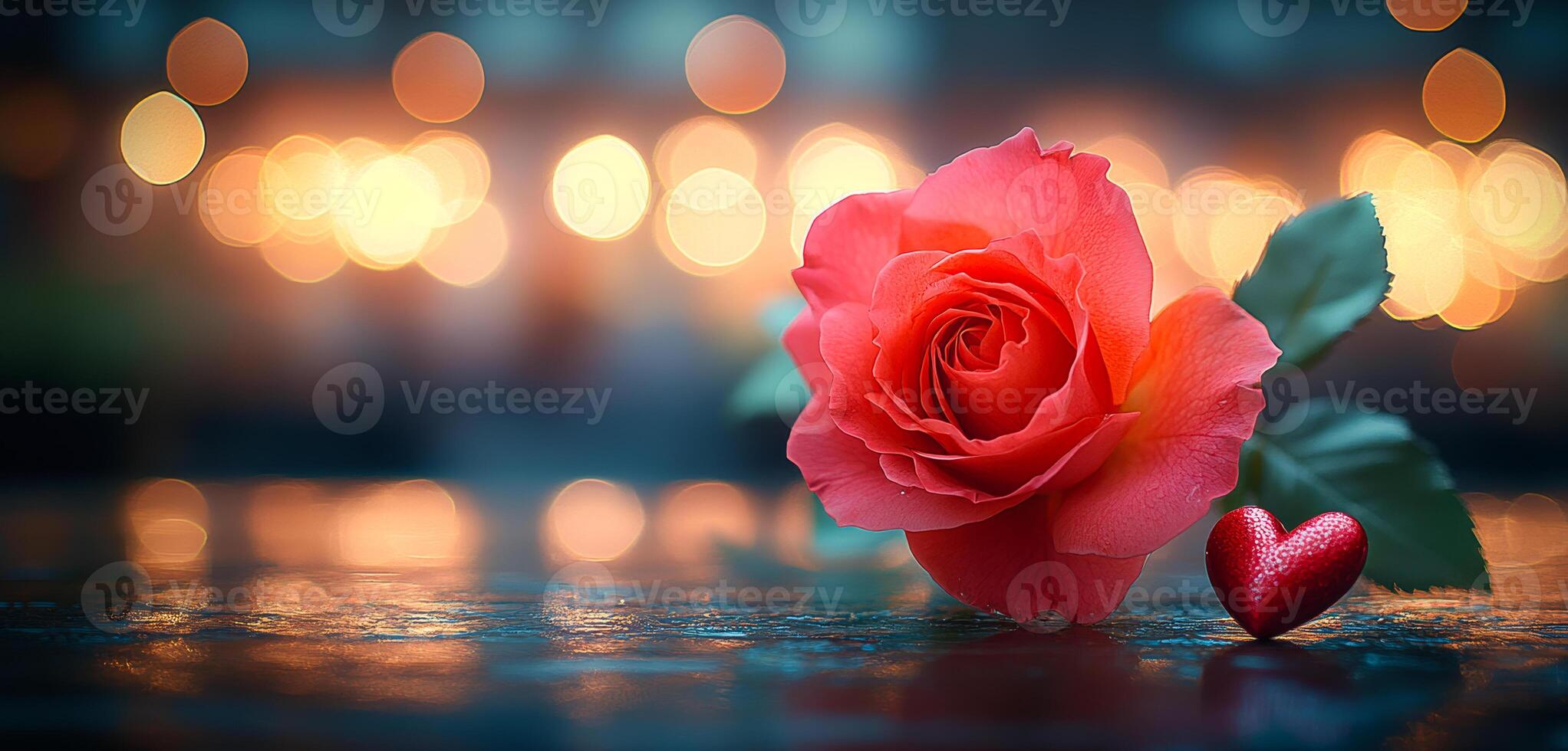 A red rose is placed on a table next to a heart. Concept of love and romance, as the rose and heart are often associated with these emotions photo