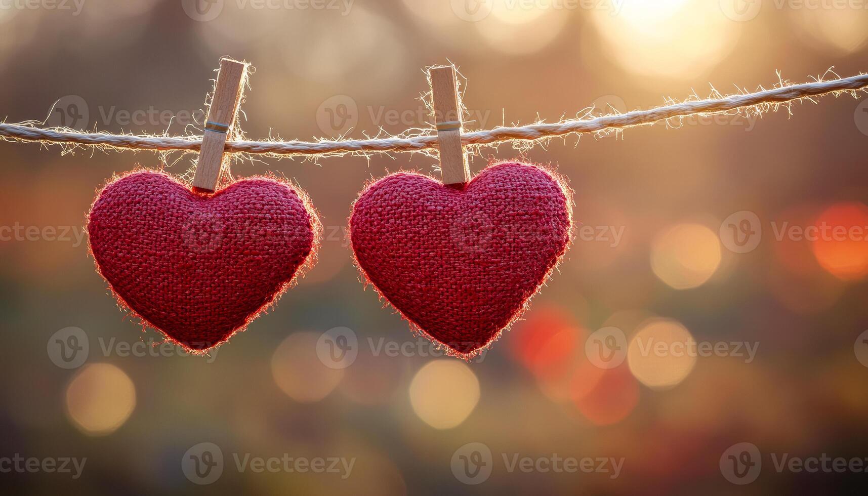Two red hearts hanging on a clothesline. The image has a romantic and nostalgic mood photo