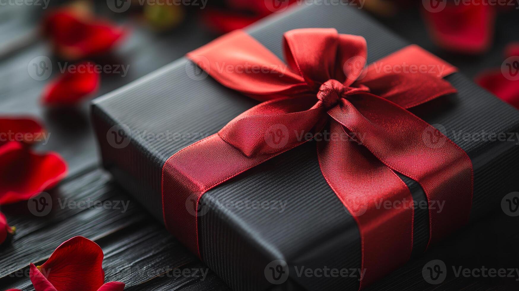 A black box with a red ribbon on top of it. The box is decorated with red ribbon and has a bow on top. The box is placed on a wooden surface photo