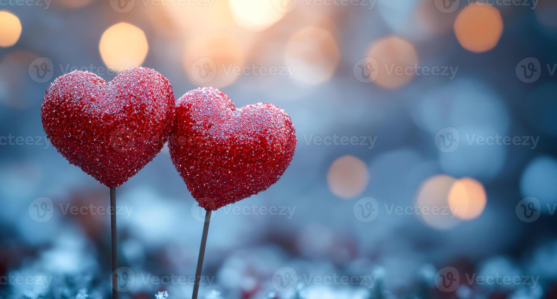 Two red hearts are on sticks in the snow. The snow is white and the sky is blue photo