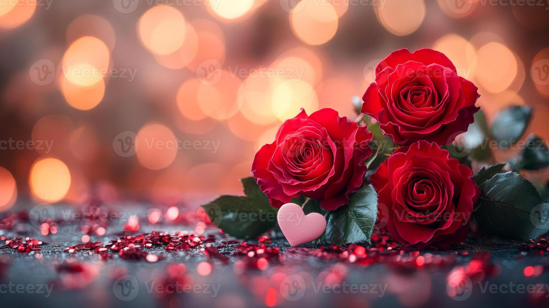 Three red roses are arranged on a table with a heart-shaped object in the middle. The roses are surrounded by glitter, giving the scene a romantic and festive feel photo