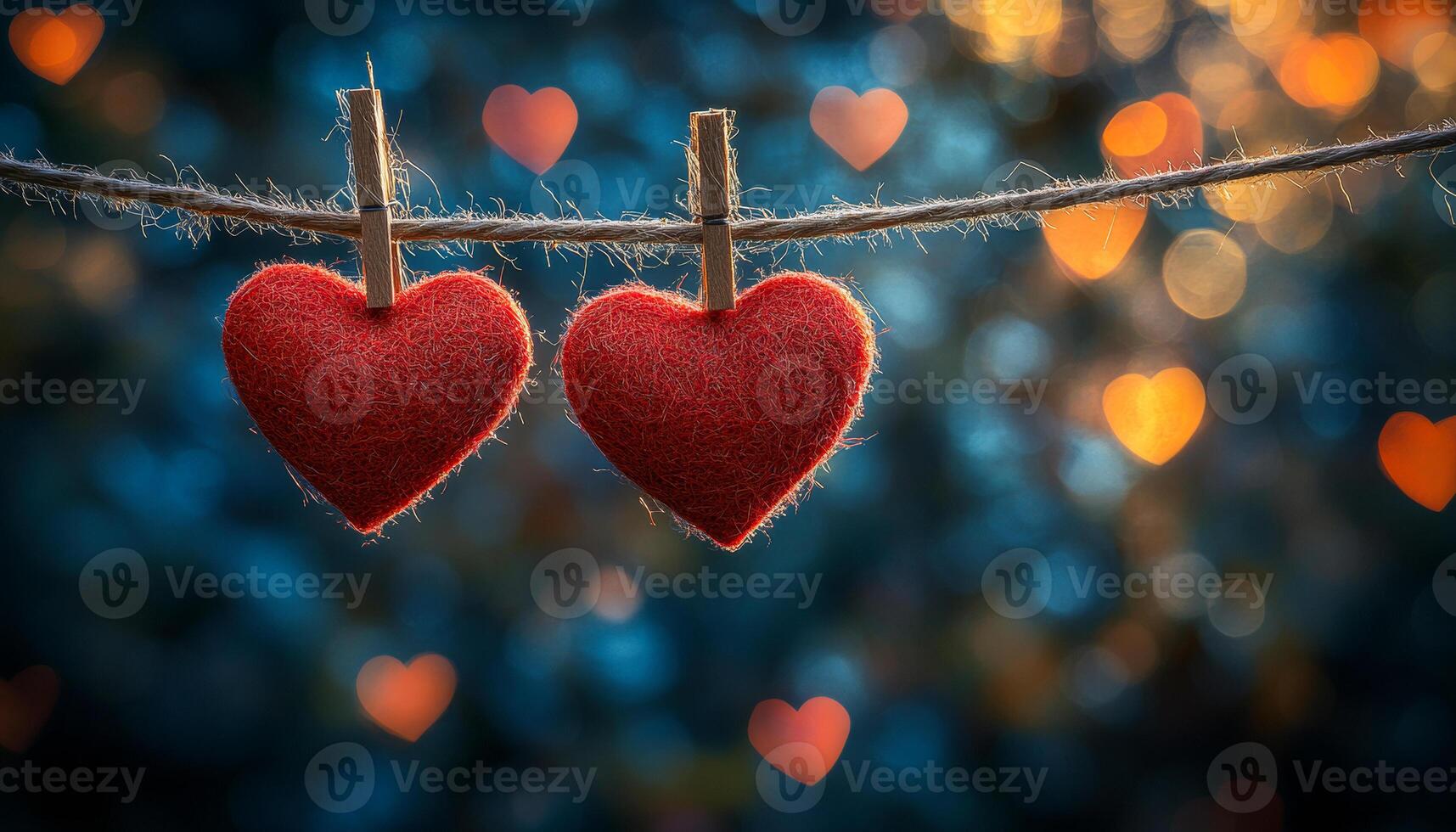 Two red hearts hanging on a clothesline. The hearts are close to each other and are hanging on a clothesline photo