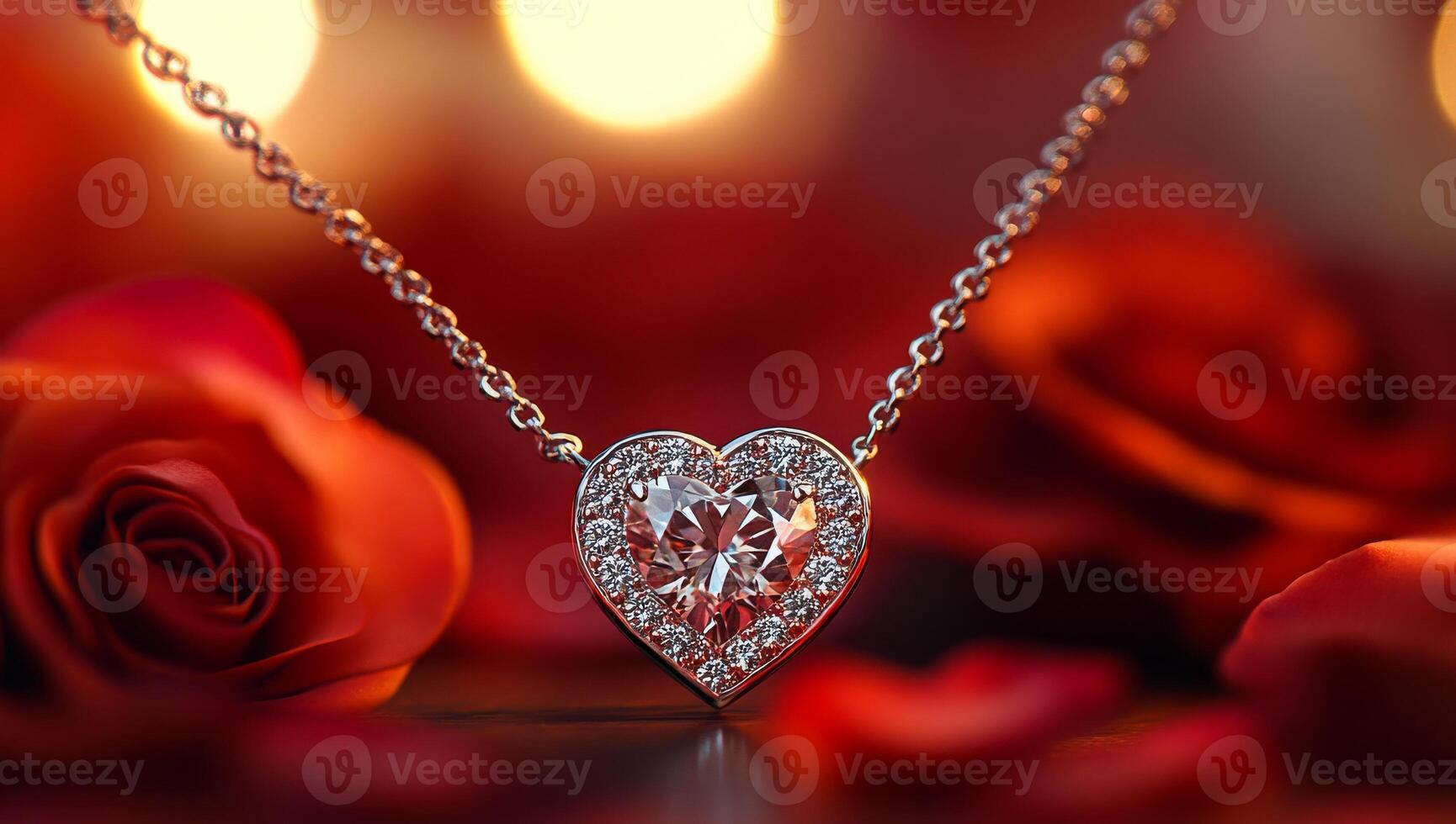 A heart pendant is set in a red rose petal. The pendant is made of gold and diamonds and is set in a silver chain. The rose petal is a deep red color and adds a touch of elegance to the pendant photo