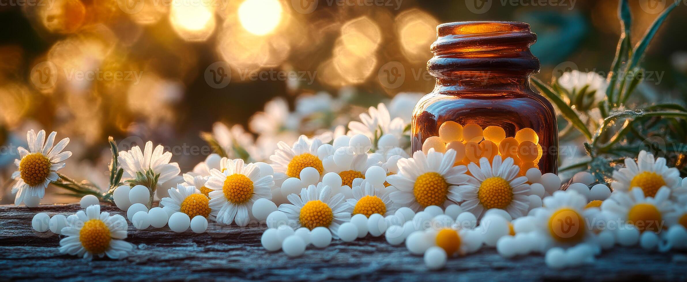 A bottle of medicine is on a table with a bunch of flowers. The bottle is brown and the flowers are white photo