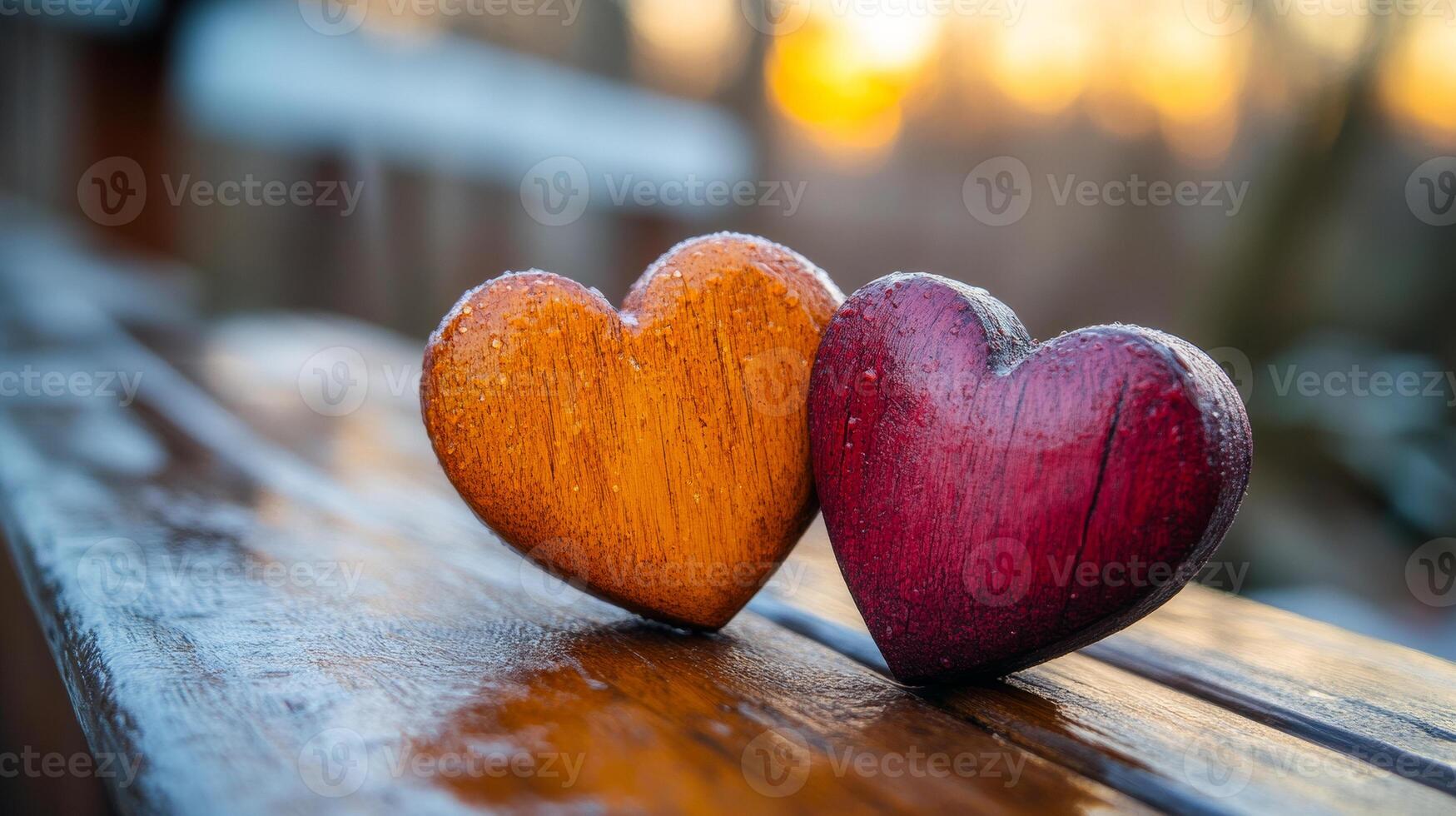 Two wooden hearts are sitting on a bench, one orange and one red. The bench is wet, and the hearts are surrounded by water droplets. Concept of intimacy and warmth photo