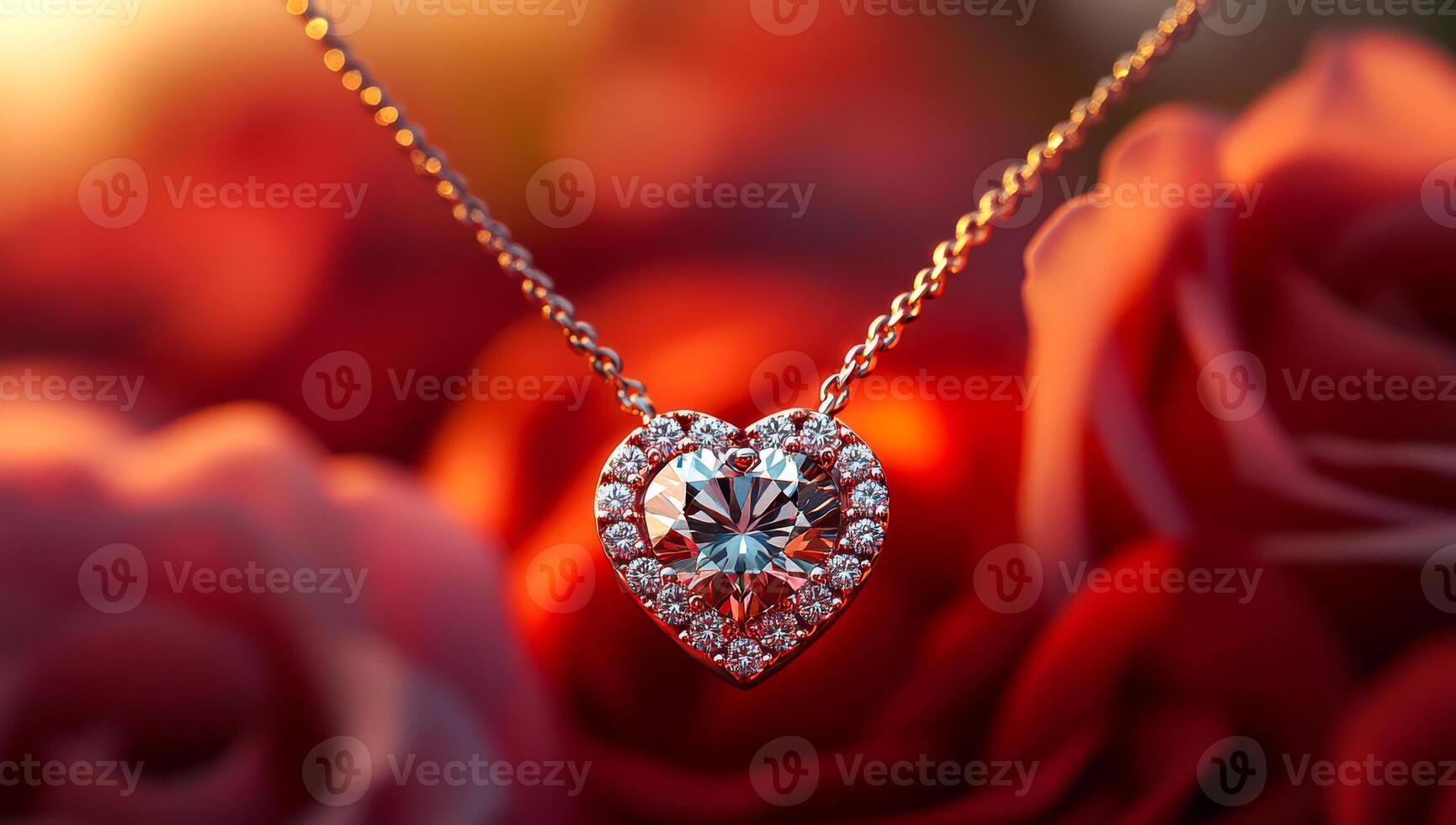 A heart pendant with diamonds is set on a red background. The pendant is surrounded by roses, which adds a romantic and elegant touch to the scene. The combination of the heart pendant photo