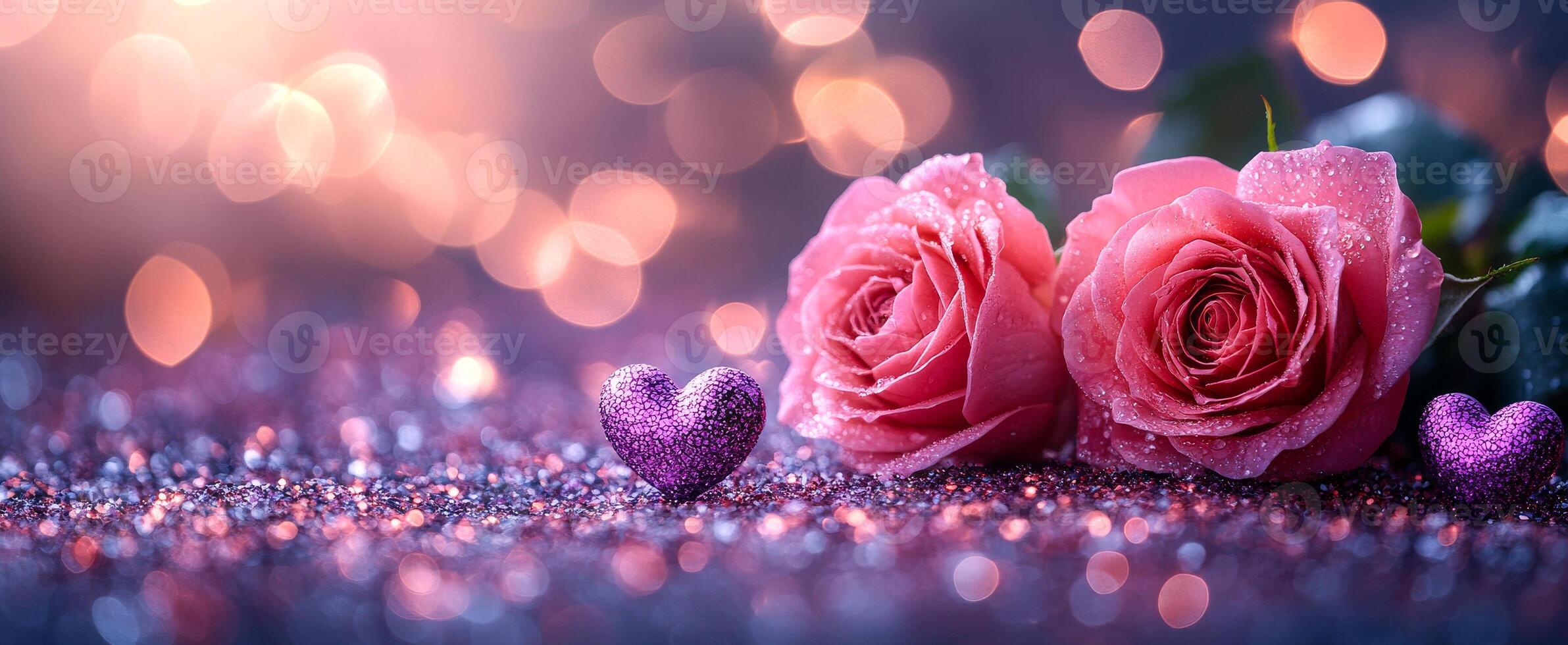 A close up of two pink roses with a heart in the background. The heart is purple and is placed in the center of the image. The roses are surrounded by glitter, giving the image a dreamy photo