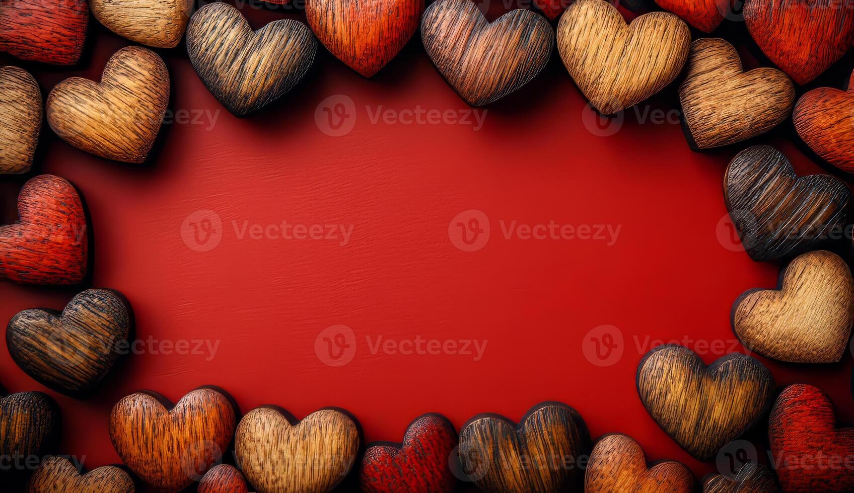 A red background with a wooden frame of hearts. The hearts are of different colors and sizes. The frame is made of wood and the background is red photo
