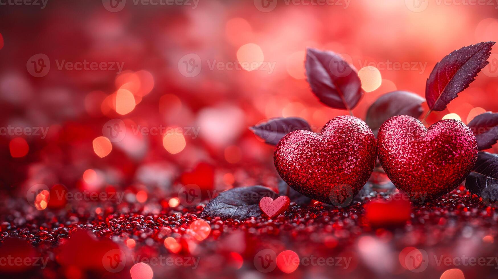 Two red hearts are on a red background. The background is covered in red glitter. The hearts are surrounded by leaves and the leaves are also red. The image has a romantic and festive mood photo