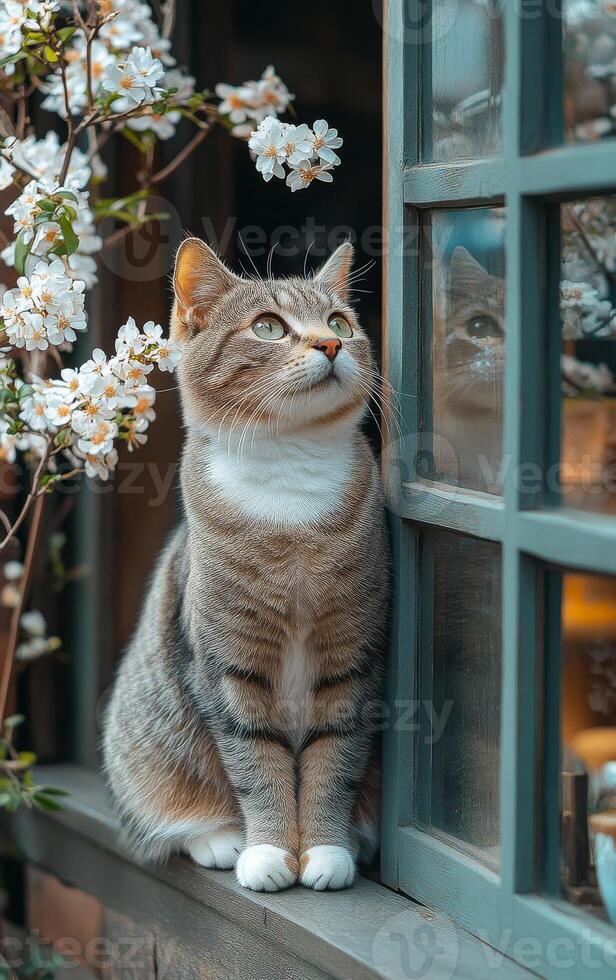 A cat is sitting on a window sill looking out at the flowers. The cat is looking at something outside, but it is not clear what it is. The scene is peaceful and calm photo