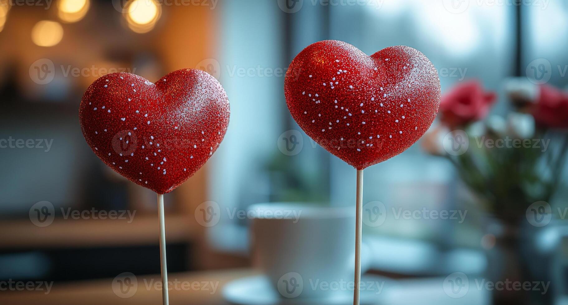 Two red hearts are on sticks and are next to a white cup. The scene is set in a cozy, intimate atmosphere photo