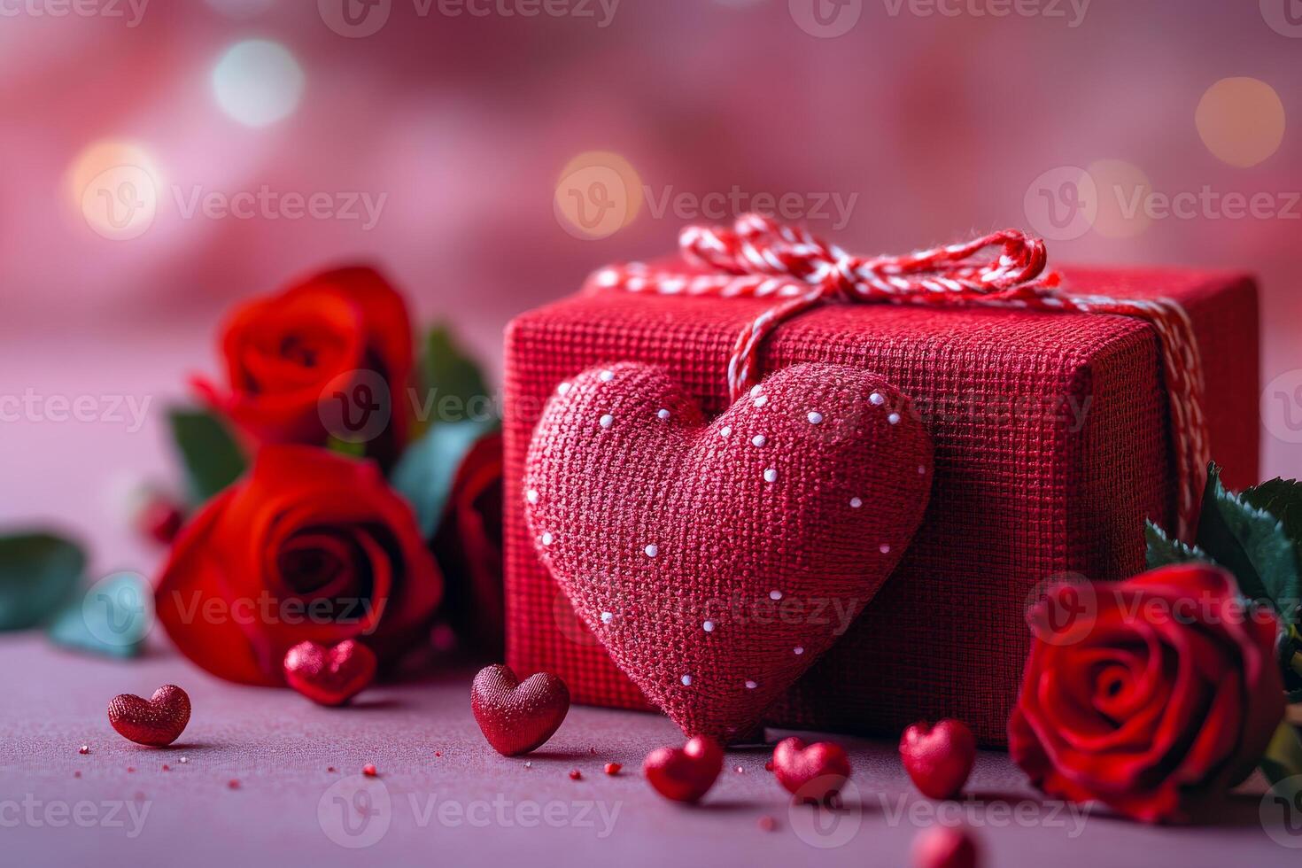 A red box with a heart on it is surrounded by red roses. The heart is made of fabric and is placed on top of the box. The roses are scattered around the box, creating a romantic and festive atmosphere photo