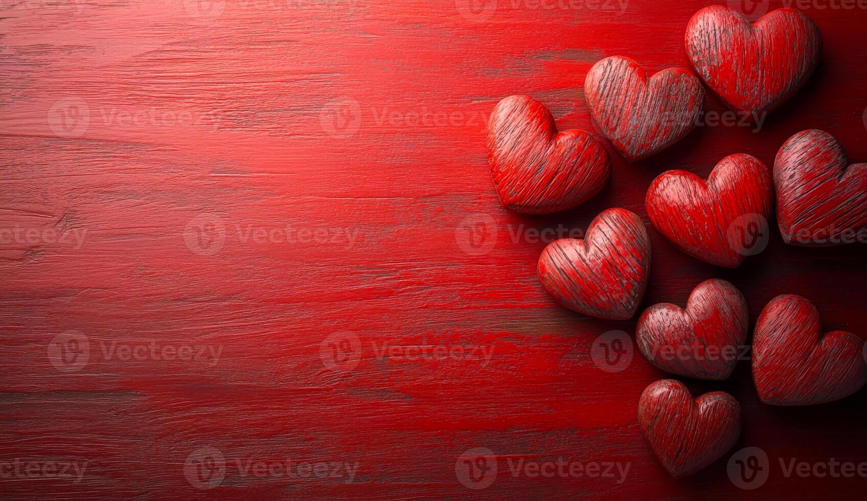 A red background with a bunch of hearts on it. The hearts are arranged in a row and are all facing the same direction photo