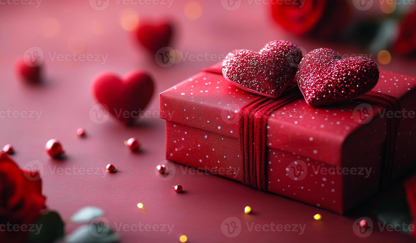 A red box with two hearts on top of it. The box is surrounded by red hearts and other small red objects. Scene is romantic and festive photo