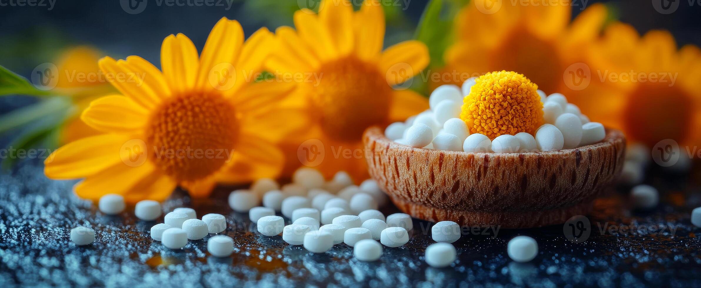 A bowl of white pills is on a table next to a bunch of yellow flowers. The bowl is filled with white pills and the flowers are scattered around it. Concept of calmness and serenity photo