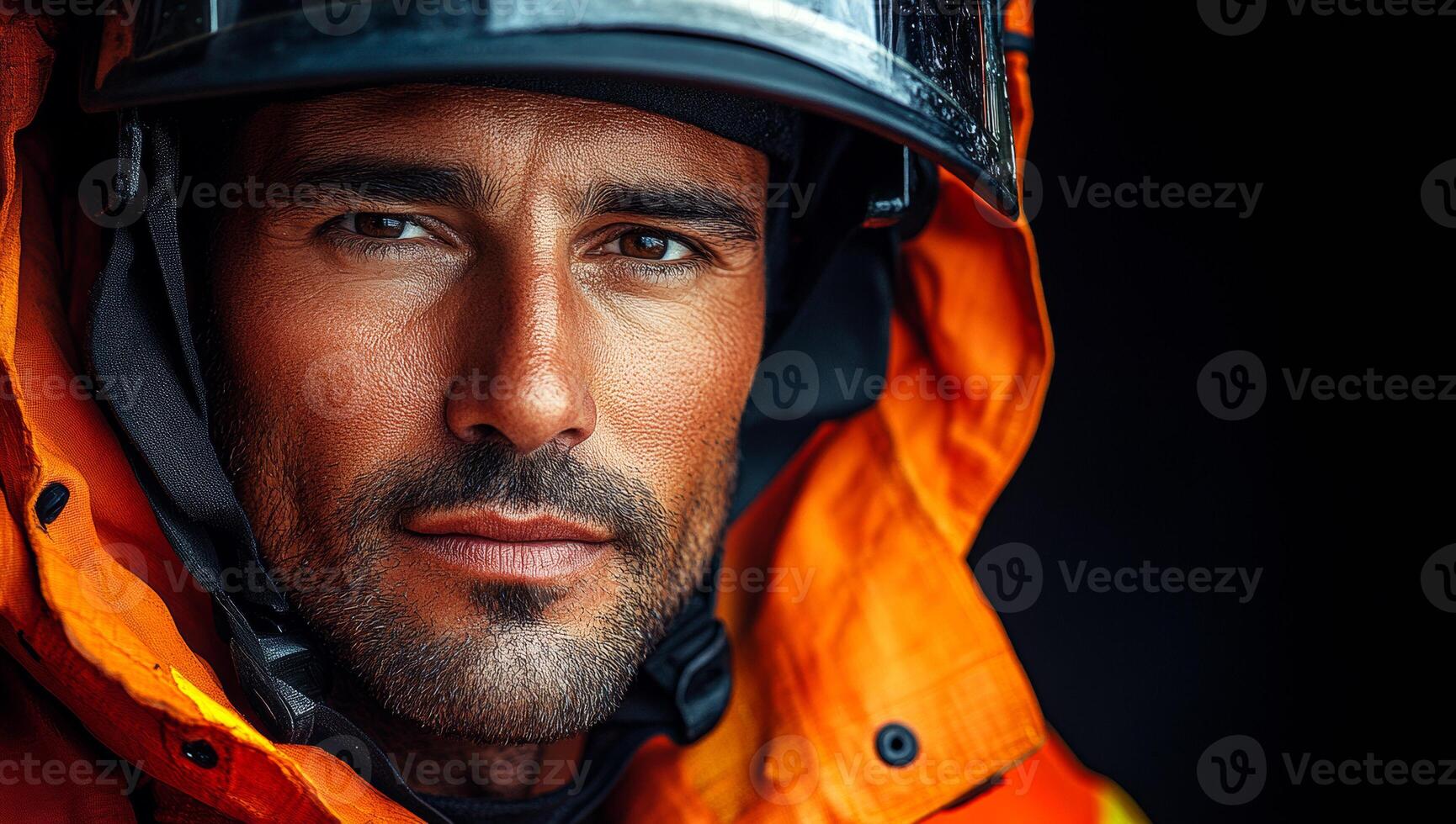 A man in a bright orange jacket and helmet is posing for a picture. He has a serious expression on his face and is looking directly at the camera. The jacket and helmet are designed for safety photo