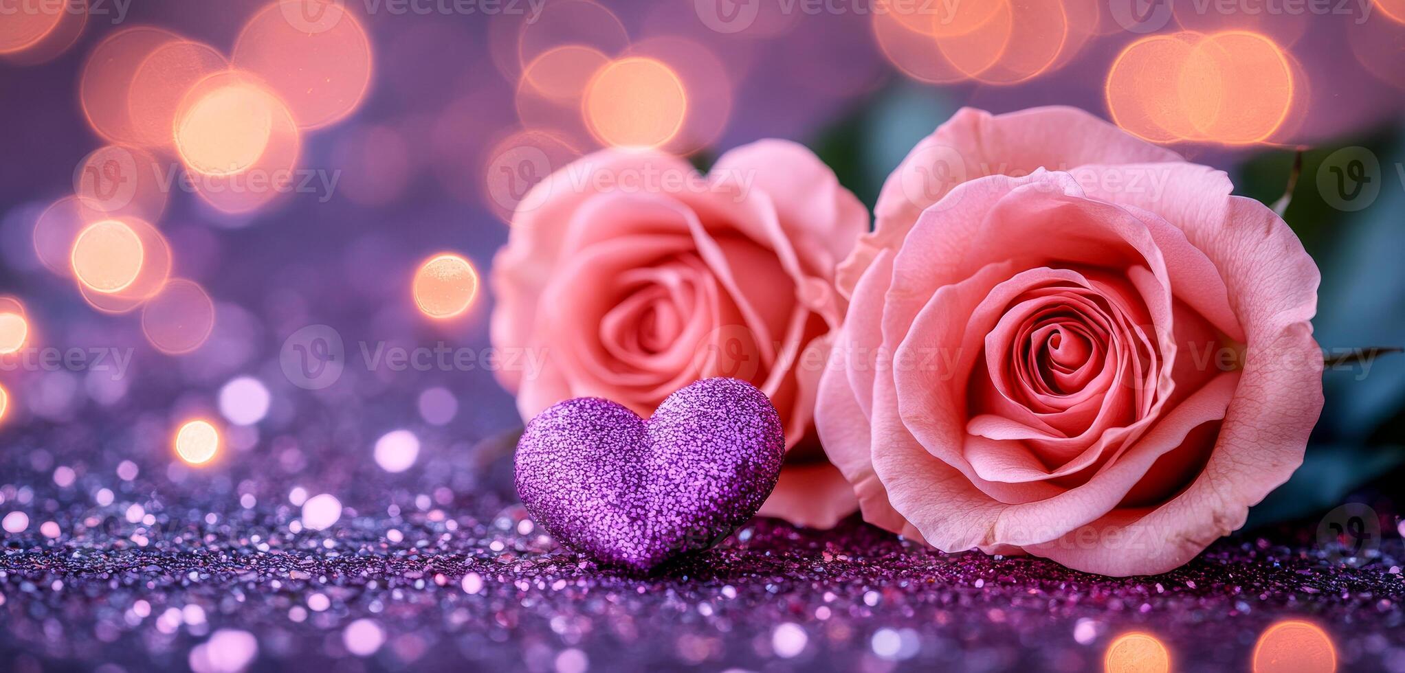 A heart and two pink roses are placed on a purple background. The arrangement creates a romantic and elegant atmosphere photo