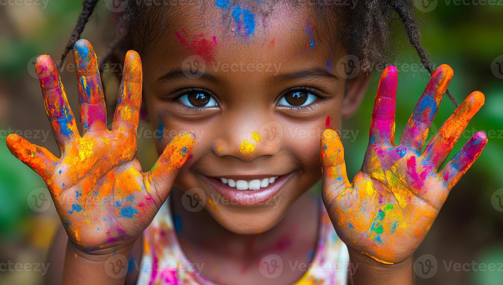 A young girl with colorful paint on her hands and face is smiling and making a peace sign. Concept of joy and playfulness, as the girl is embracing the messy and fun experience of painting her hands photo