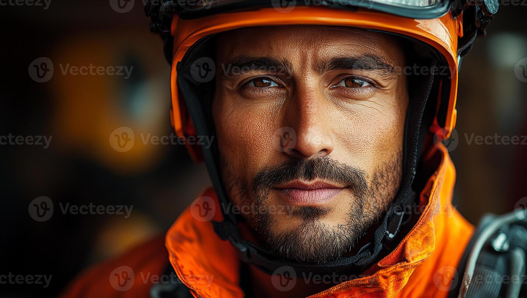 A man in an orange helmet and jacket is looking at the camera. He is a firefighter or a construction worker photo
