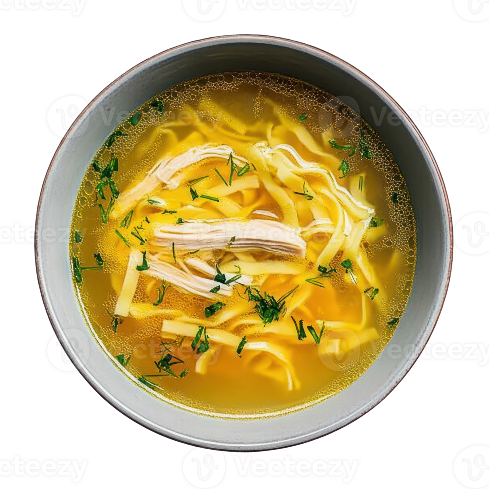 Delicious Chicken Noodle Soup Bowl Top View png