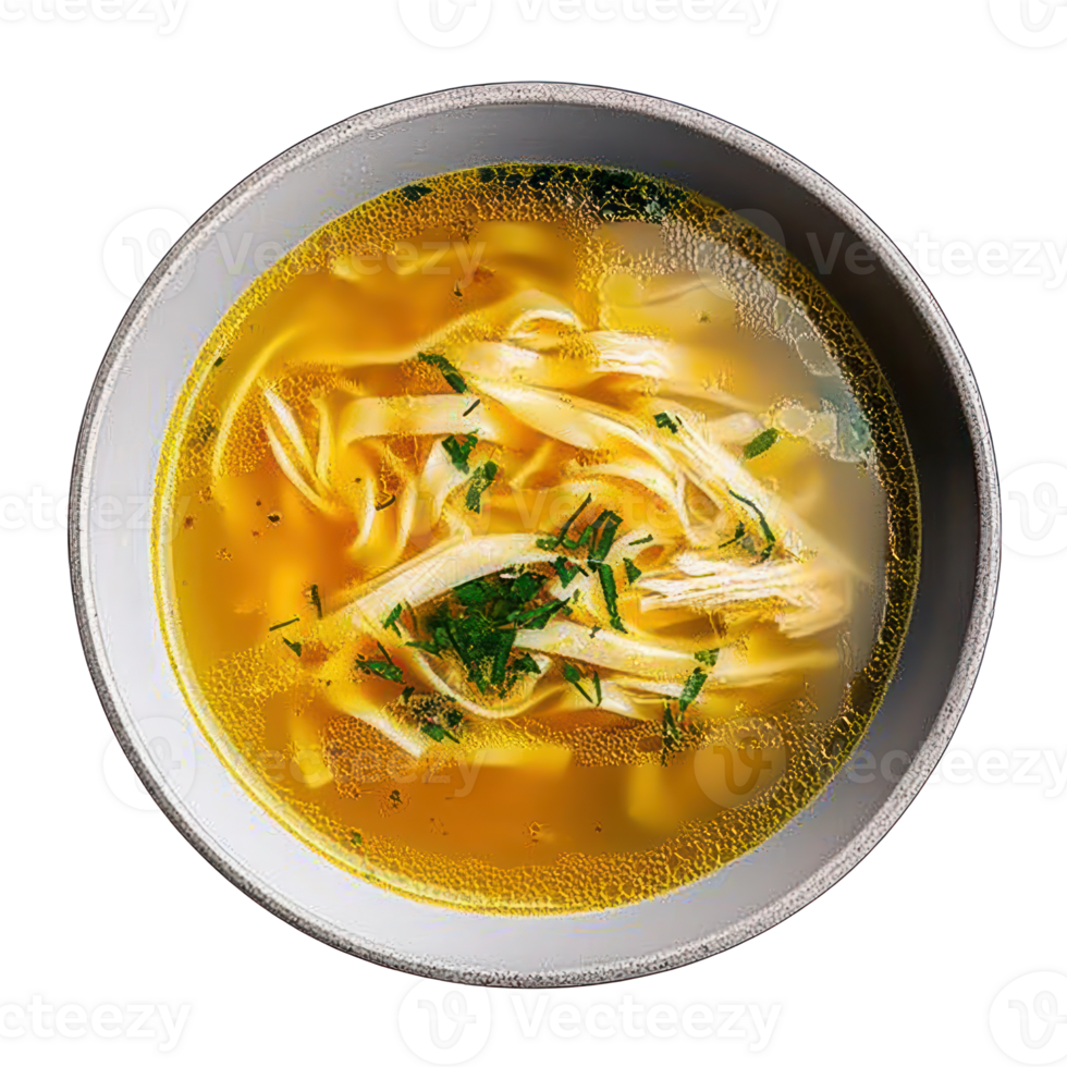 Delicious Chicken Noodle Soup Bowl Overhead Shot png