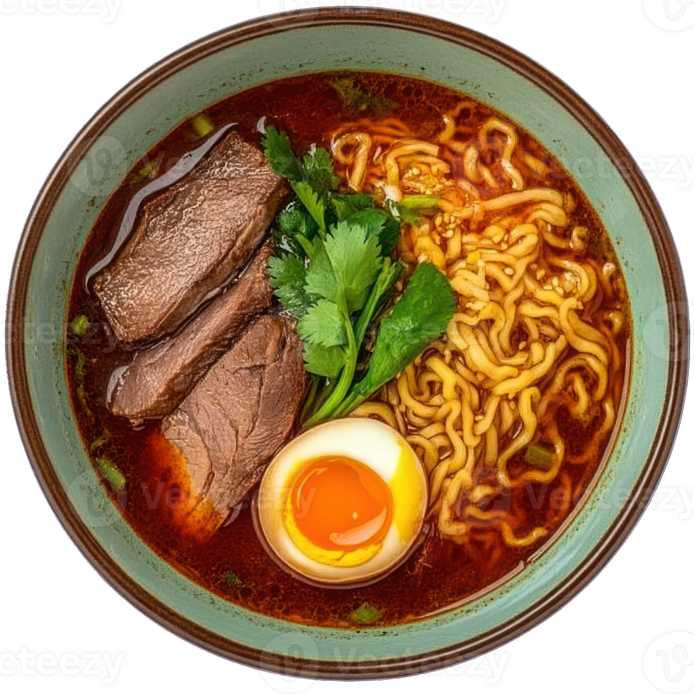 Spicy Beef Ramen Noodles Soup Bowl Egg Cilantro Garnish png