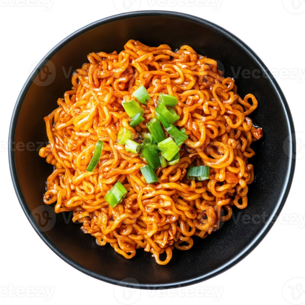 Spicy Korean Ramen Noodles in Black Bowl Overhead Shot png