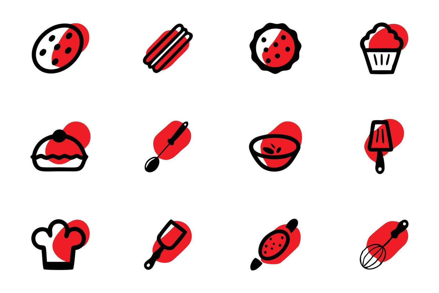 This image features a set of 12 simple, black-outlined icons of bakery goods and kitchen utensils on a white background. vector