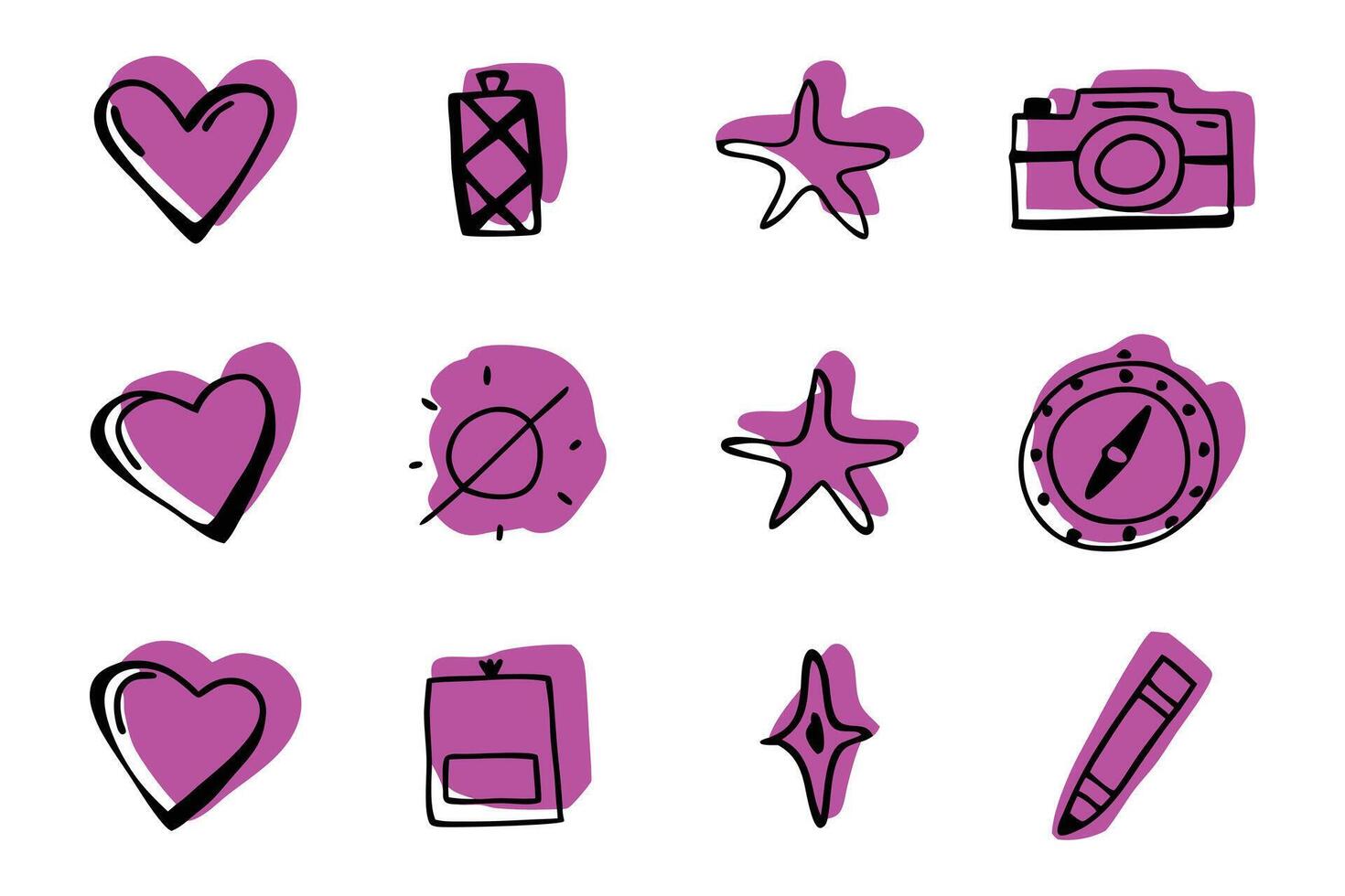 This image features a collection of nine hand-drawn icons in vibrant pink, perfect for travel, adventure, and summer-themed designs. vector