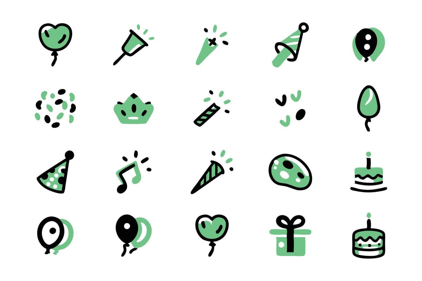 This set features 16 simple, hand-drawn party icons in mint green and black. vector