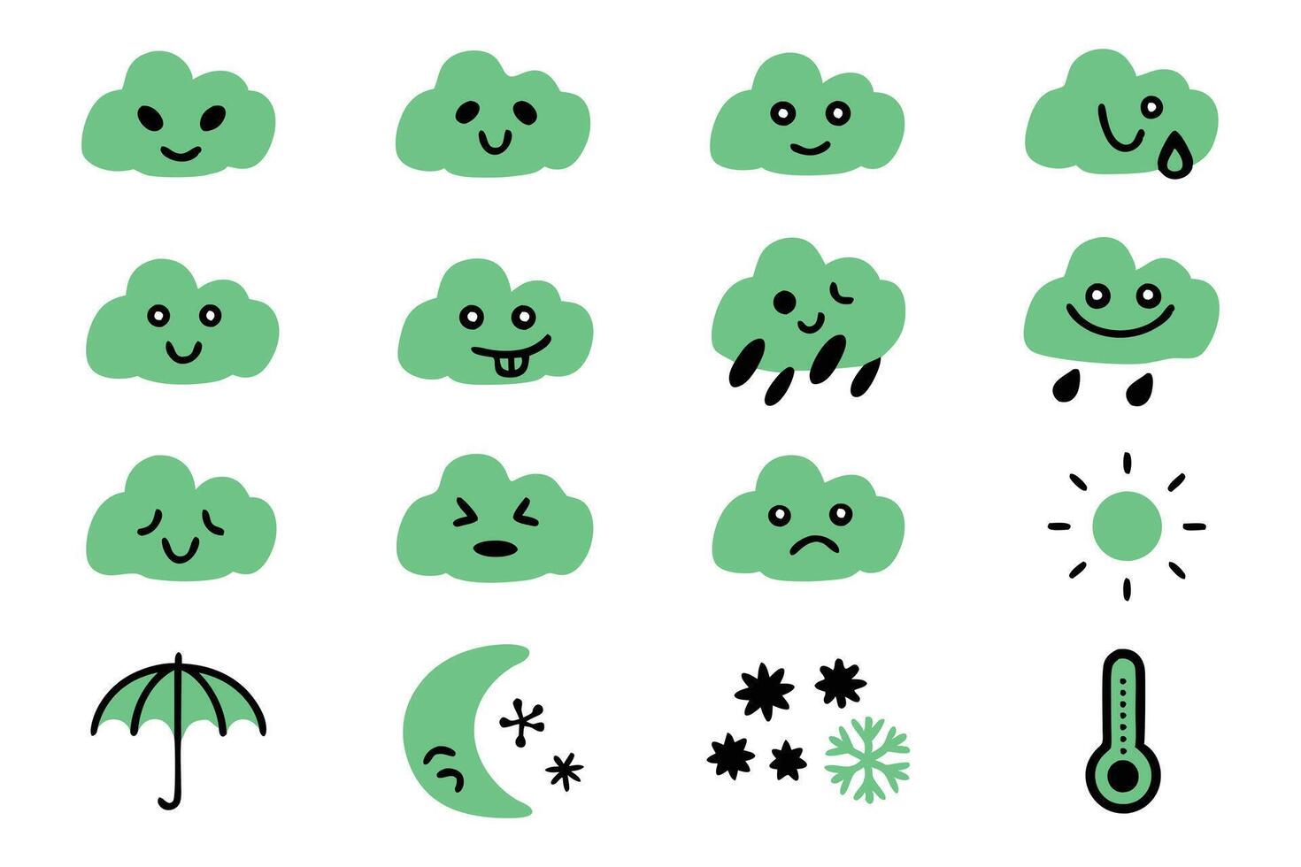 A set of whimsical, cartoon-style clouds with different facial expressions, representing various weather conditions. vector