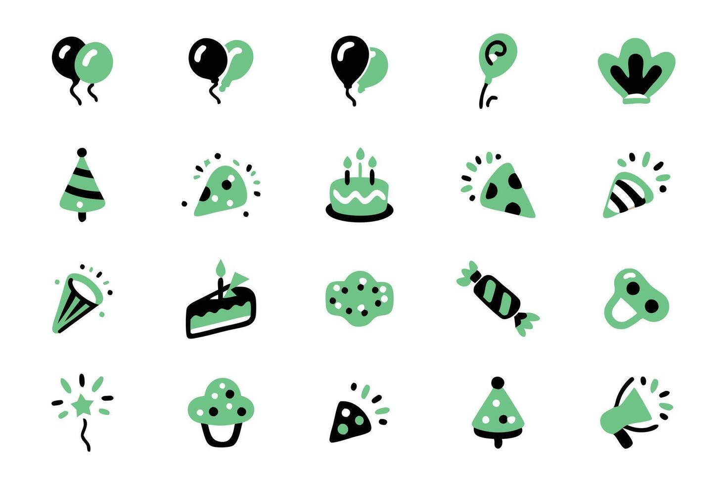 This set of 16 simple, flat icons features various birthday party-related items. vector