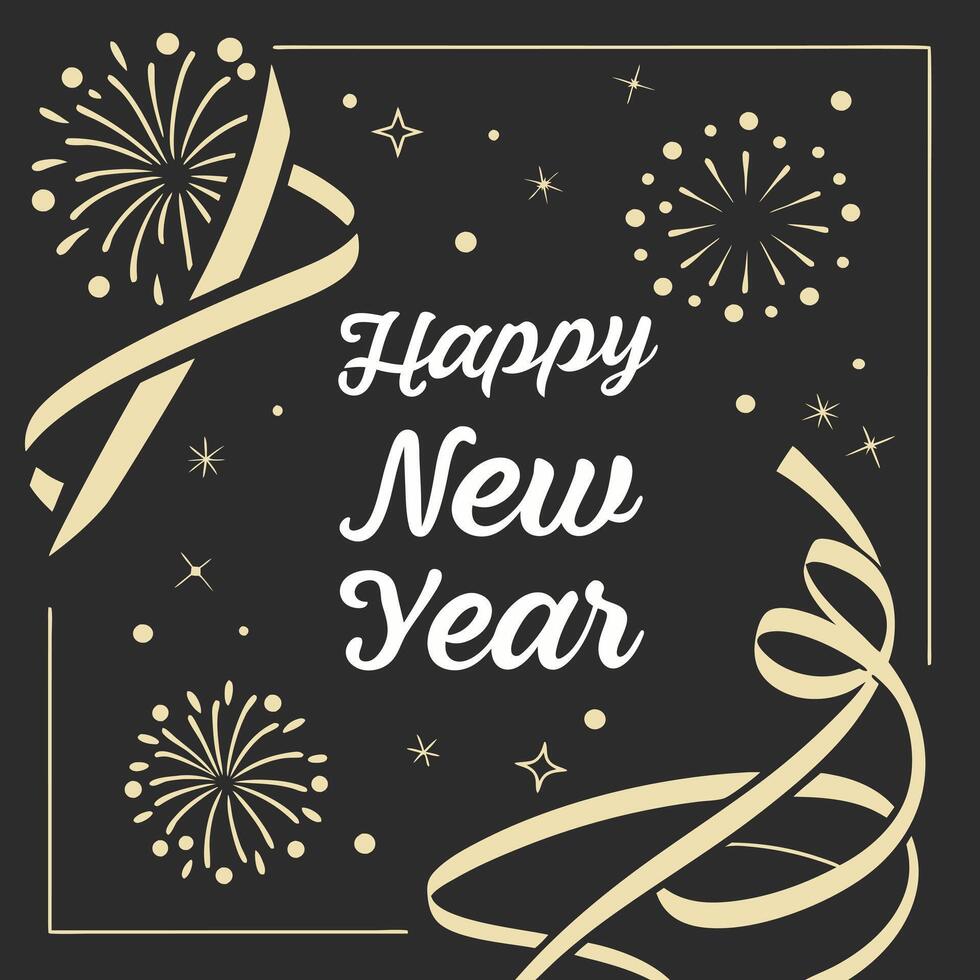 Elegant Happy New Year graphic design with fireworks and ribbons. vector