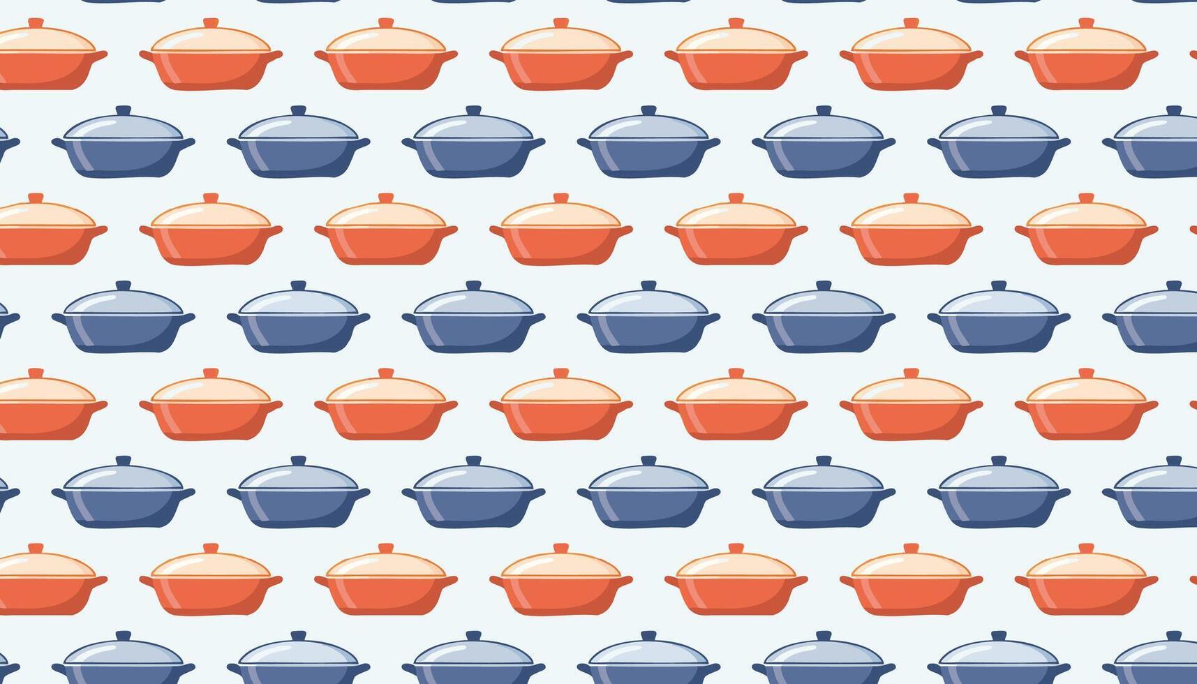 Pattern with multi-colored casserole dish pots on a blue background vector