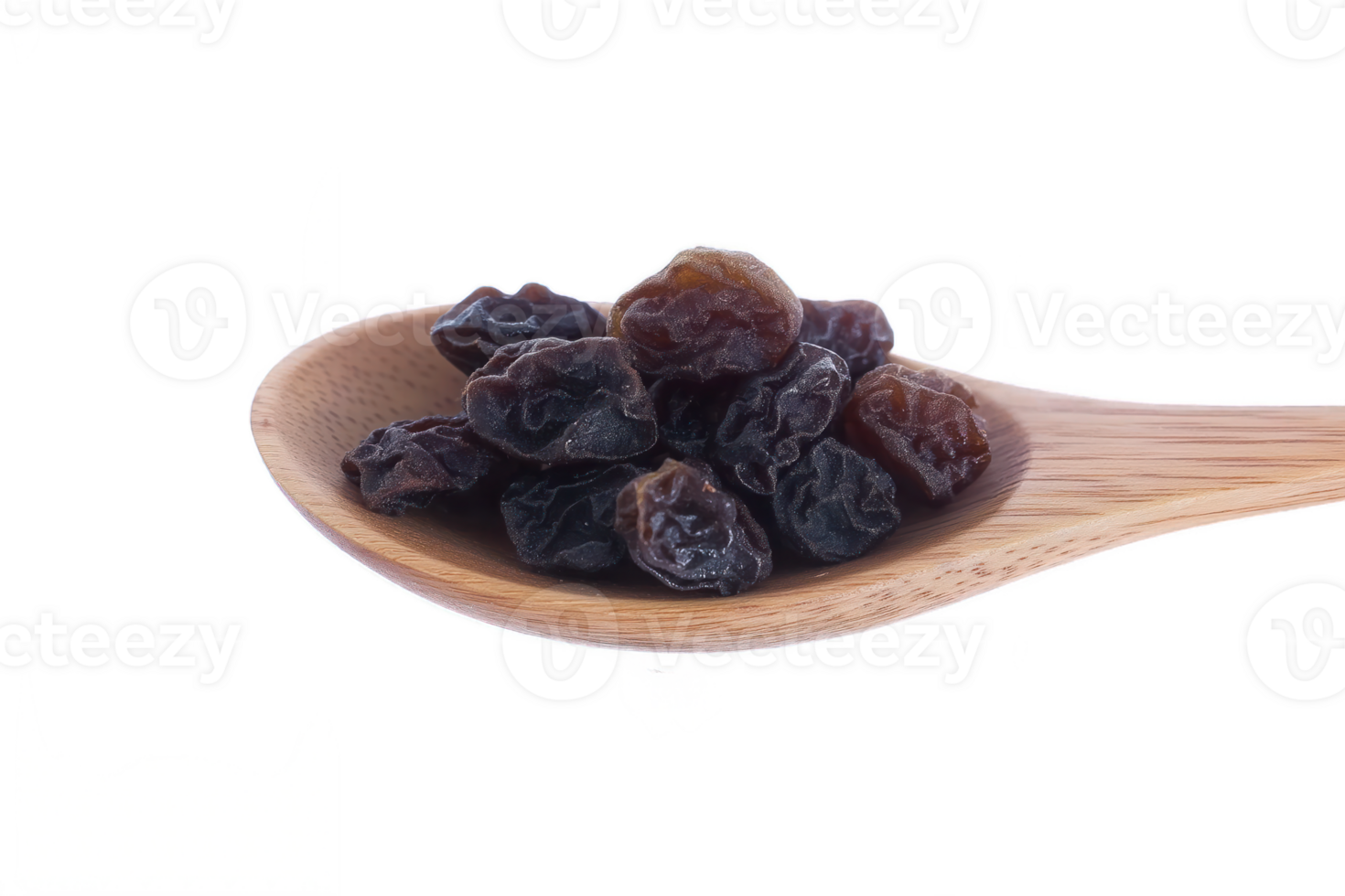 close up of raisin on wooden spoon isolated png
