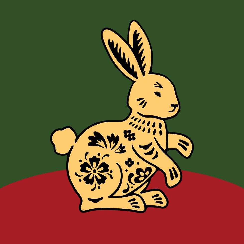 Chinese golden rabbit illustration on a red and green background vector