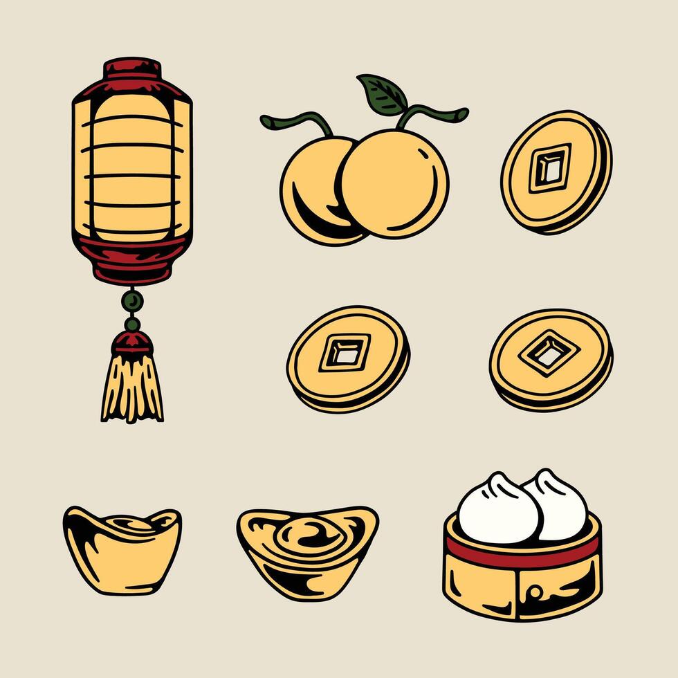 Chinese new year icon set with various food items vector