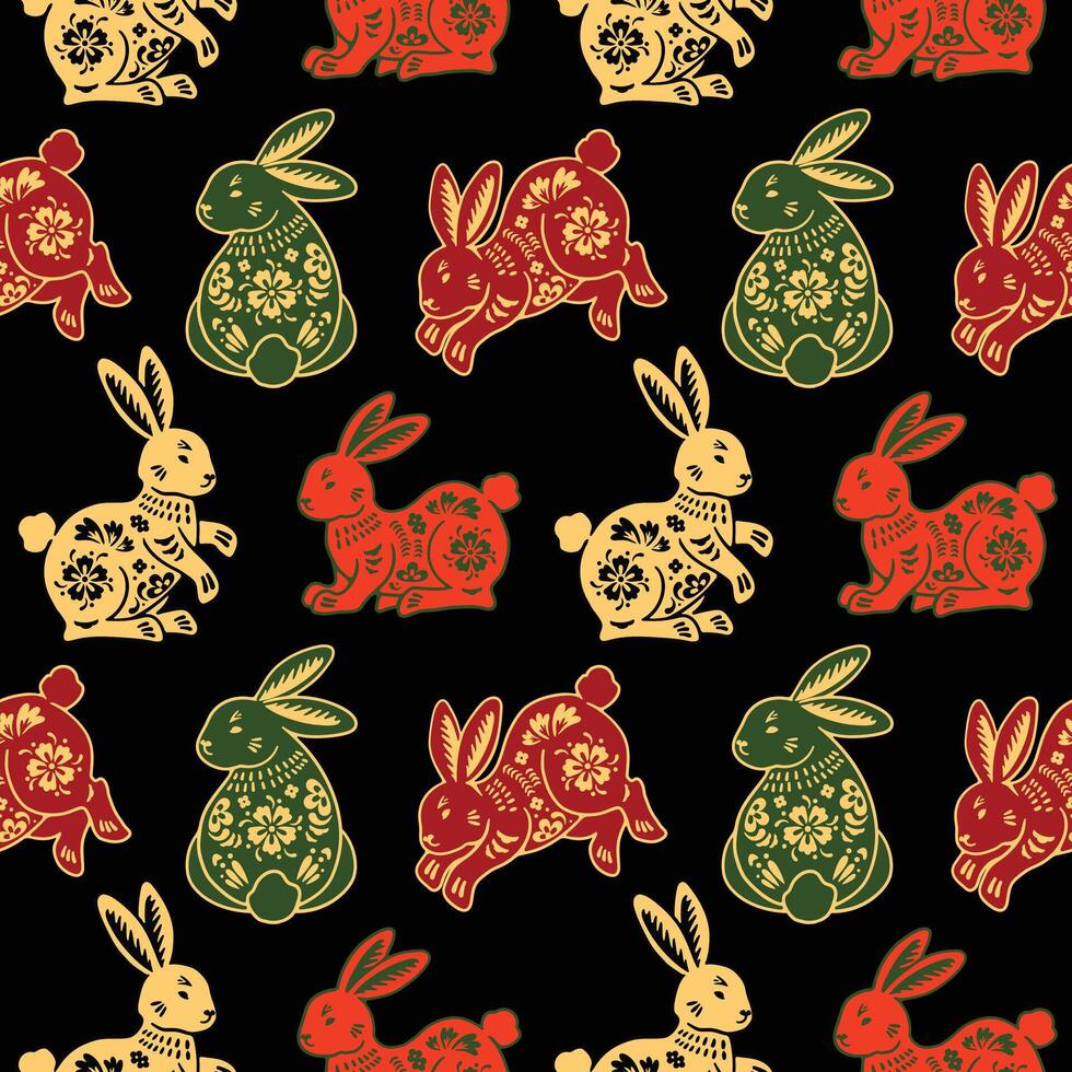 A pattern with rabbits and flowers on black vector