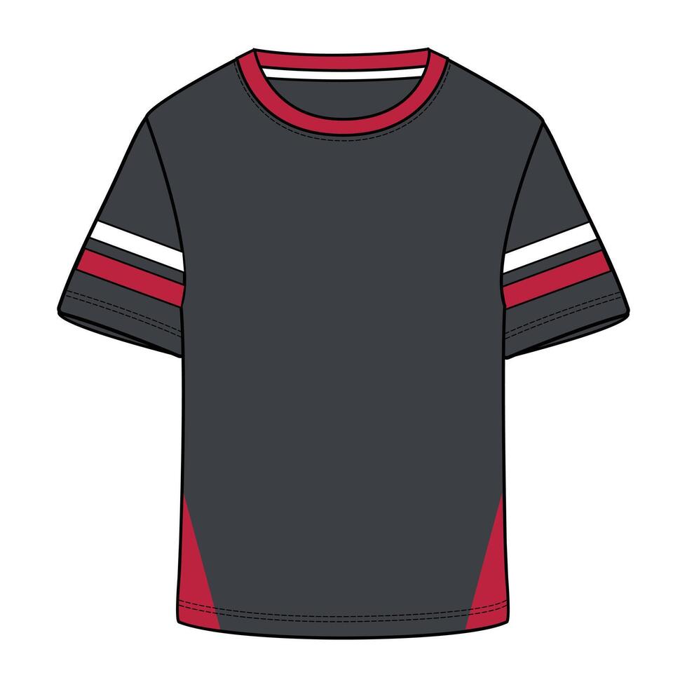 A black and red t - shirt with a red stripe vector