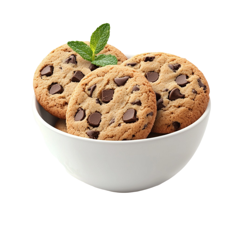 Chocolate chip cookies in a bowl with mint leaves png