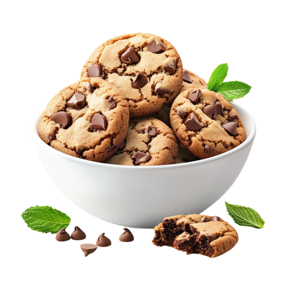 Chocolate chip cookies in a bowl with mint leaves png