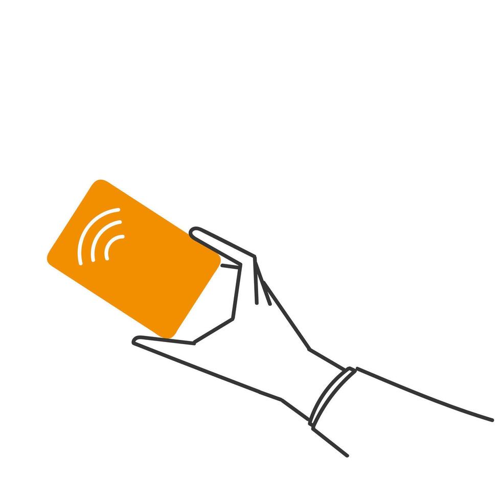 a hand holding an orange card with a wifi symbol vector