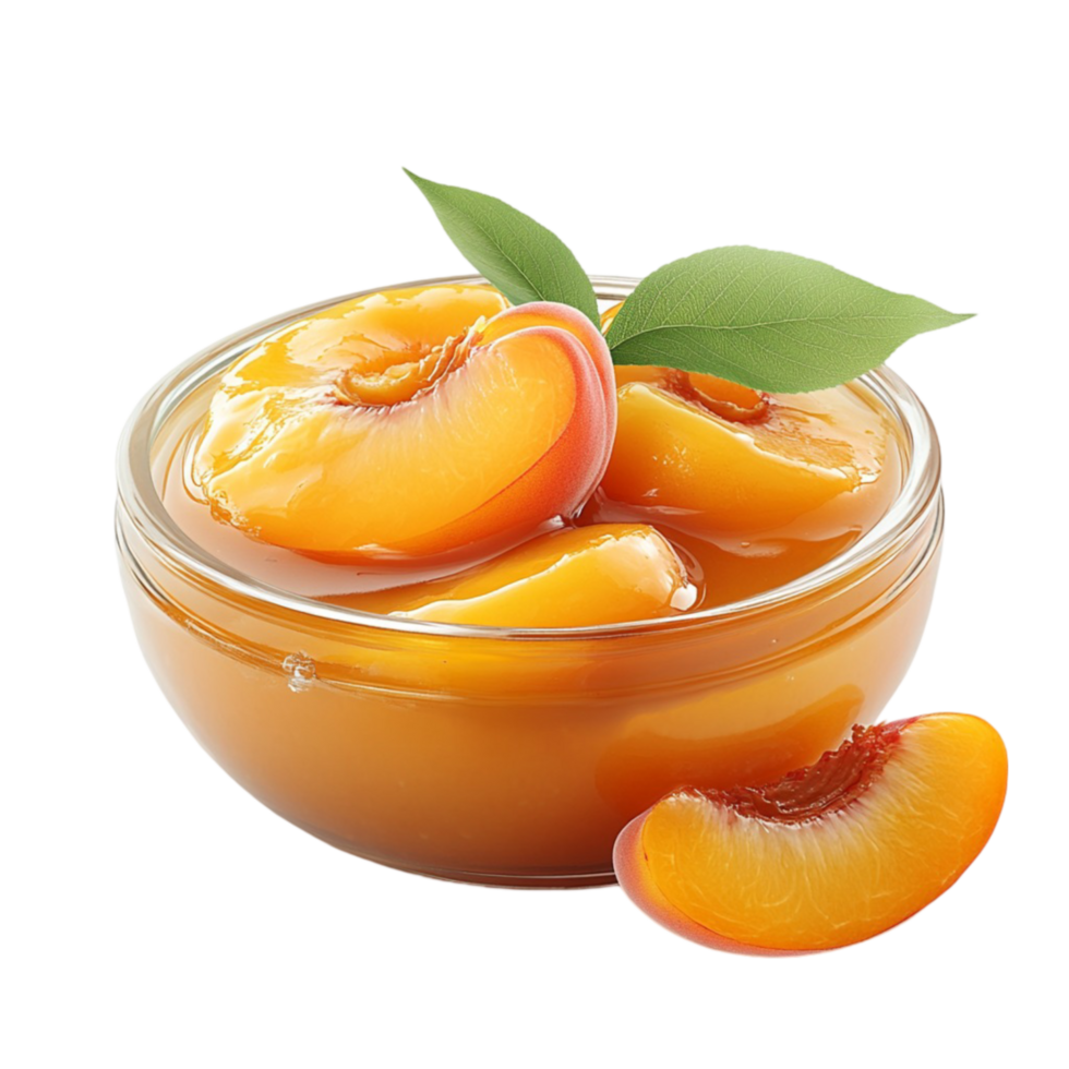 A bowl of peach jam with slices of fruit png