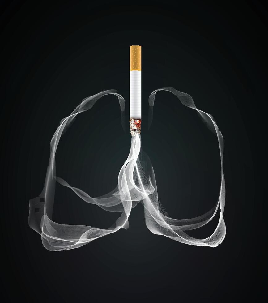 3d cigarette illustration with white smoke floating in the shape of human lungs on black background. Used in medicine, education, advertising, commerce and industry. vector