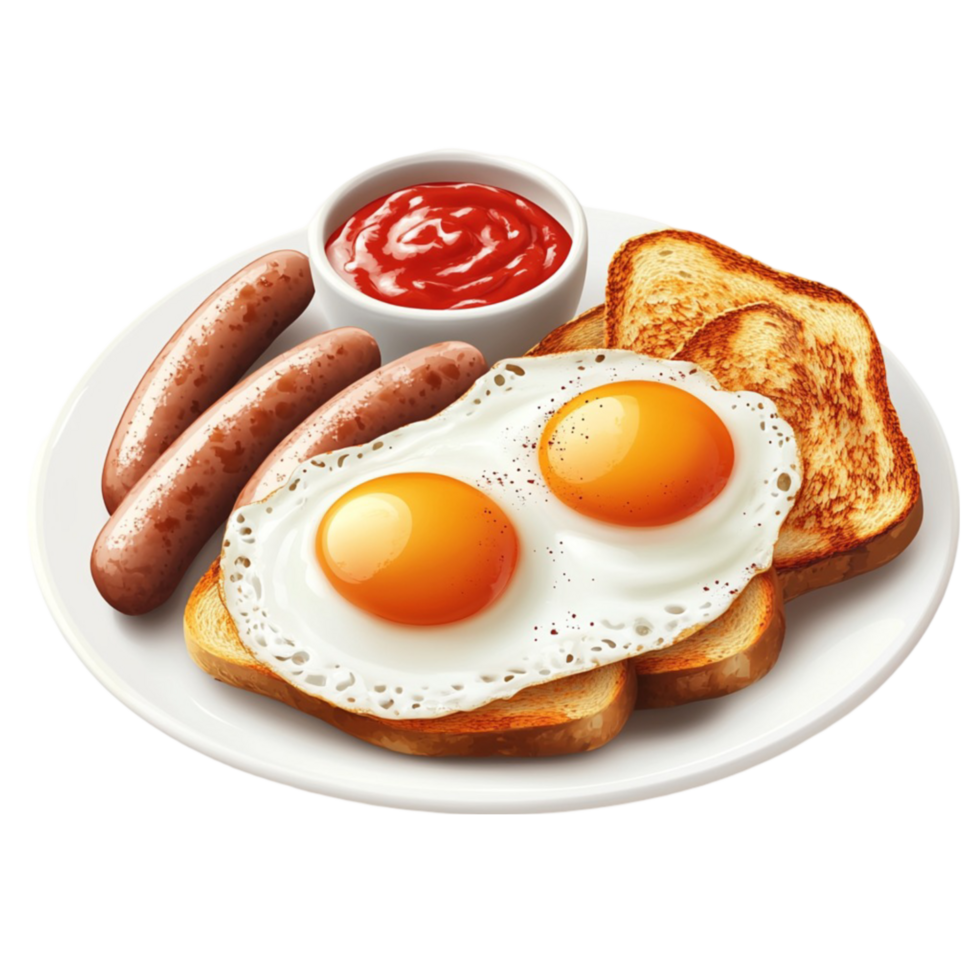 Breakfast with eggs, toast and sausage on a plate png