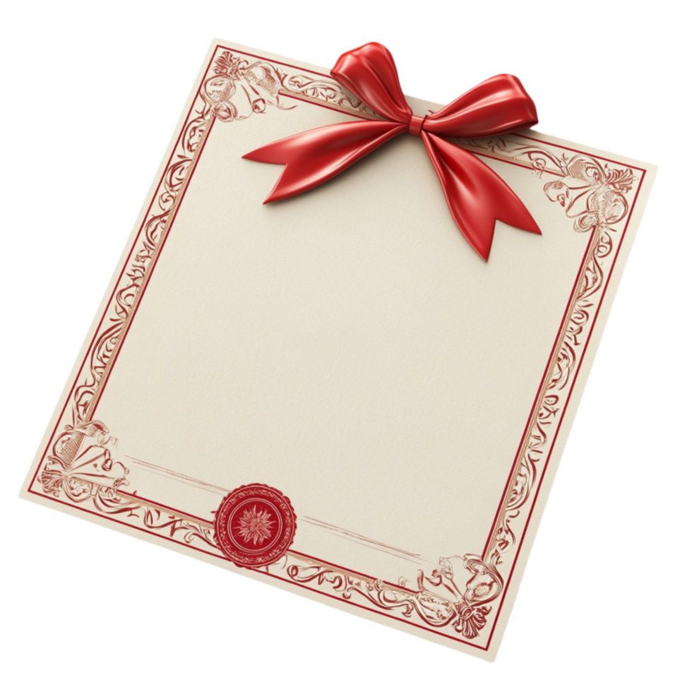 A certificate with a red ribbon and a bow png